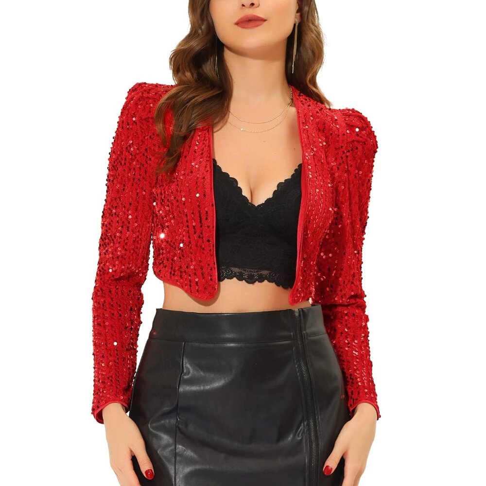 Sequin Cropped Blazer Open Front Collarless Glitter Sparkly Chic Party Wear